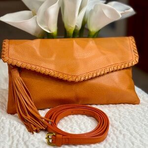 Hobo International EUC “Windy”Orange Leather Clutch /Crossbody with Tassel SOFT!